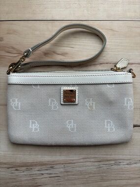 Dooney & Bourke Cream Logo Canvas Wristlet with White Trim
